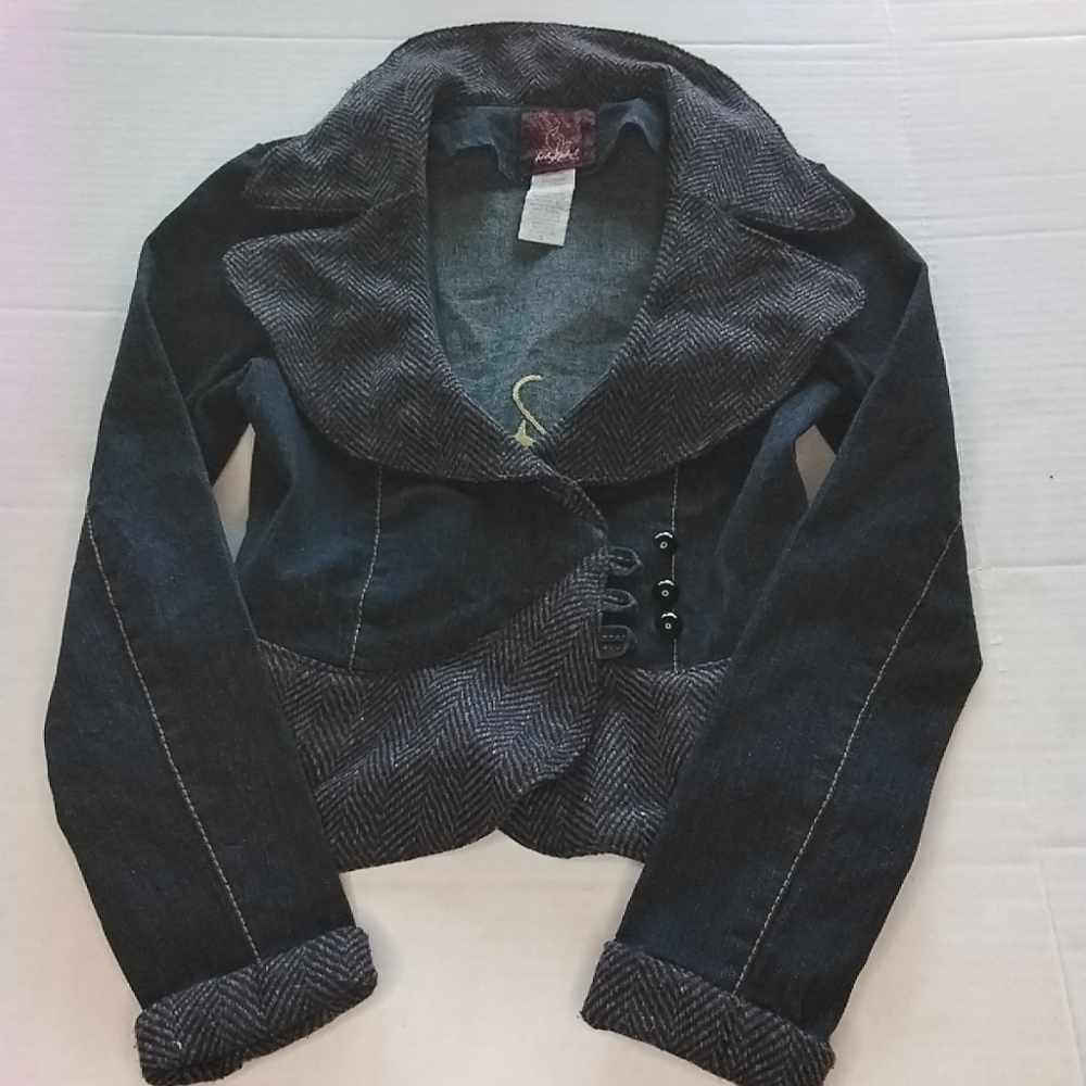 Baby Phat Y2K Vintage Denim Tweed Peplum Blazer Cropped Jacket Size Small.